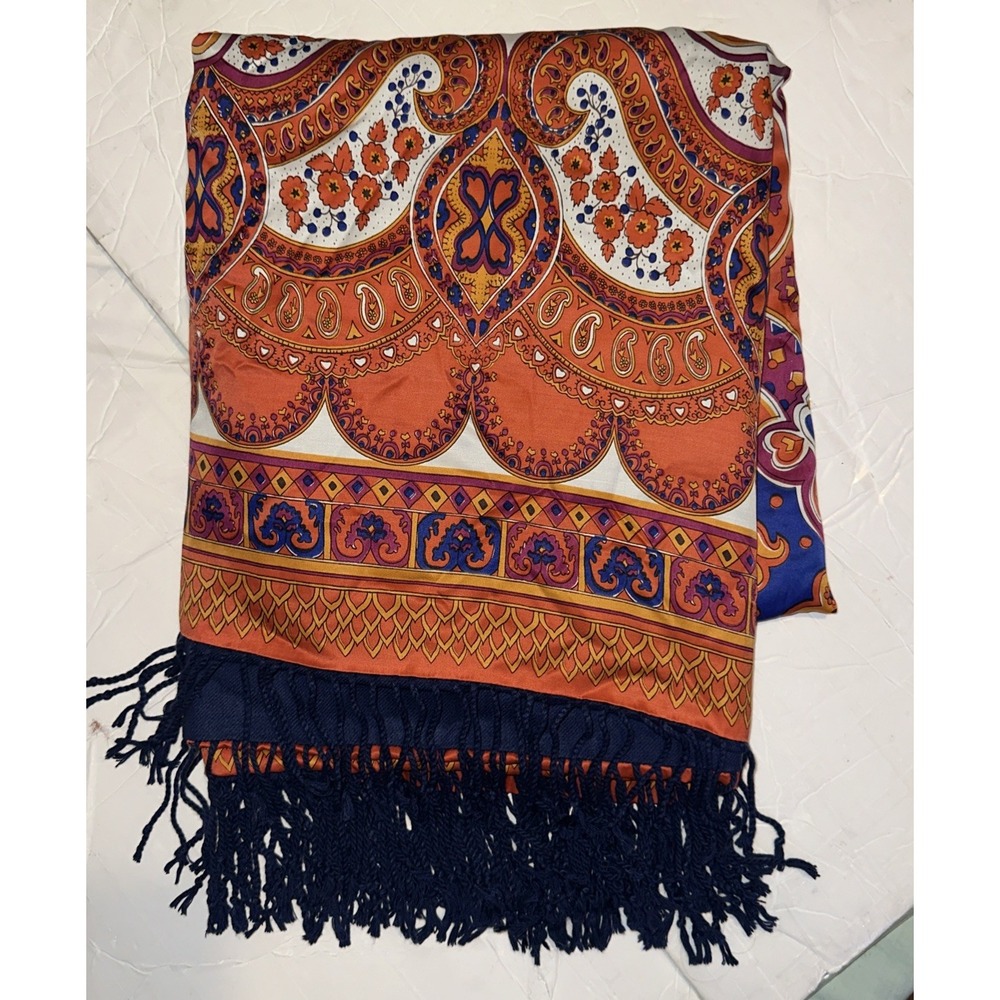 Pottery Barn Jess Scarf  Print Throw Orange Navy Paisley Silk Fringe 50x60 Inch